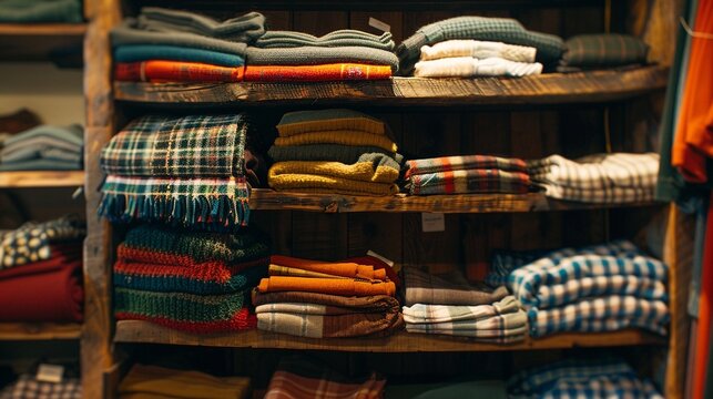 Stacks of folded clothing displayed on the shop shelves, store shopping backgrounds, used clothes store background.