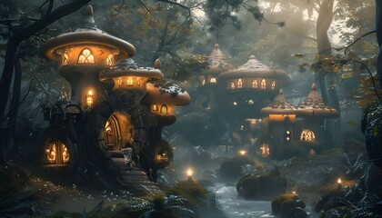 Mushroom Houses in a fantasy Forest