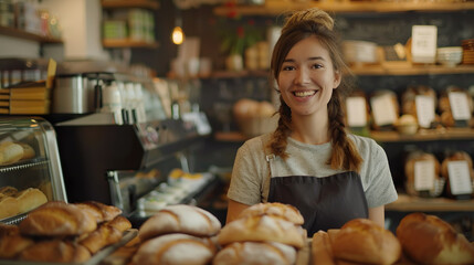 Beautiful woman, small business owner Doing a bread making business white bread, whole wheat bread croissants, brioche, and baguettes.
