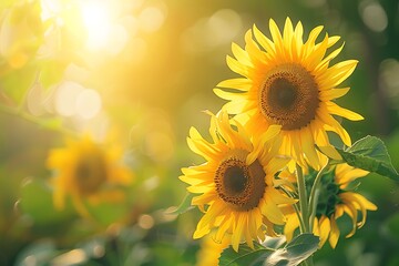 Fototapeta premium Beautiful sunflowers with blurred gradient spring nature background image.