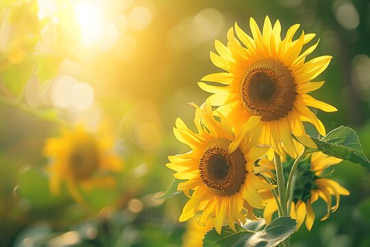 Beautiful sunflowers with blurred gradient spring nature background image.