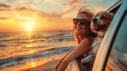 Excited cheerful lady with cute dog on the car at beach sunset, Travel concept.