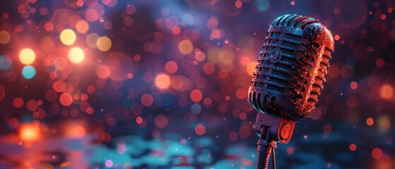Microphone illustration, bokeh background, music and podcast concept. Generative AI - obrazy, fototapety, plakaty
