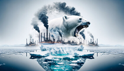Roaring Polar Bear and Melting Iceberg Amidst Pollution - obrazy, fototapety, plakaty