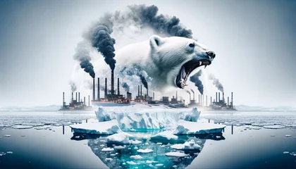 Poster Roaring Polar Bear and Melting Iceberg Amidst Pollution © tong4130