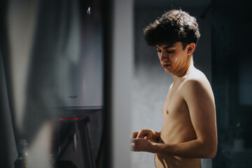 A contemplative young adult standing shirtless, bathed in soft light with a feeling of tranquility...