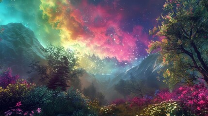 An otherworldly display of vibrant colors against a serene backdrop of ethereal aurora lights creating a truly magical ambiance. - obrazy, fototapety, plakaty
