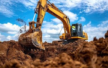 A yellow excavator digging the ground with dirt flying in blue sky with white clouds background.