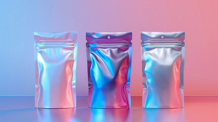 Three shiny foil bags on a blue and pink background 3d rendering