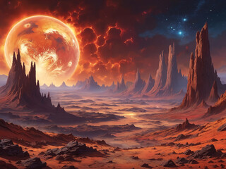 A desert landscape with a large, glowing planet in the sky. The overall setting is quite barren, with no visible vegetation or signs of life.