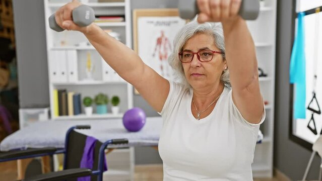 Mature woman exercising with dumbbells in a therapy clinic's gym, showcasing healthcare and fitness.