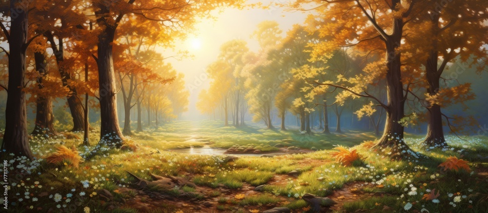 Wall mural the sunlight filters through the treetops, casting a warm glow on the forest floor, creating a pictu