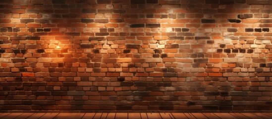 The empty room features a brown brick wall and amber wooden flooring, creating a harmonious blend of building materials with a symmetrical pattern - obrazy, fototapety, plakaty