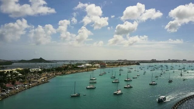 Saint Martin. French side Marina. Aerial drone push-in shot at morning time