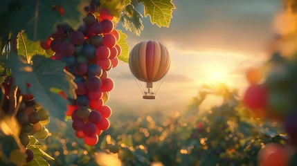 Fotobehang Enchanted Vineyard Balloons: A Whimsical Flight Among Grapes at Golden Hour © shusheng