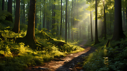 Fototapeta na wymiar Footpath in a dense forest on a sunny day
