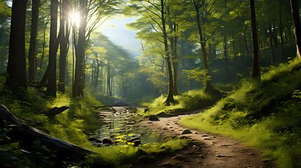 Fototapeta na wymiar Footpath in a dense forest on a sunny day