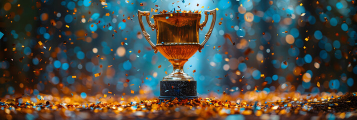water drops on a glass,
A gleaming gold winners trophy cup takes centre  - obrazy, fototapety, plakaty