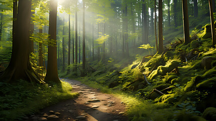 Footpath in a dense forest on a sunny day