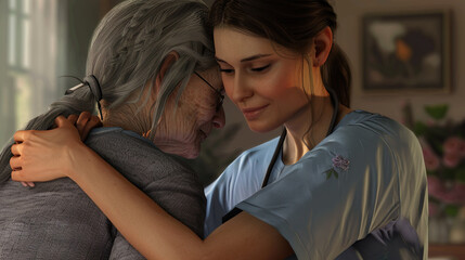 A beautiful nurse comforts an elderly patient volunteers to care for the elderly at a nursing home. - obrazy, fototapety, plakaty