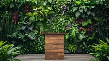 Fototapeta na wymiar A backdrop of greenery highlights a wooden podium for a captivating presentation AI generated illustration