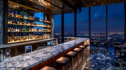A chic bar area with a marble countertop and a stunning view of the city lights  AI generated illustration - obrazy, fototapety, plakaty