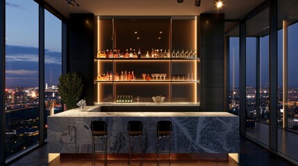 A chic bar area with a marble countertop and a stunning view of the city lights  raw AI generated illustration
