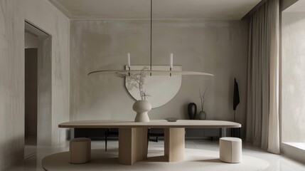 A chic dining room with a sculptural light fixture and minimalistic furniture  AI generated illustration
