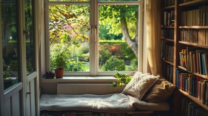 A cozy reading nook with a window seat and a view of a peaceful garden  AI generated illustration - obrazy, fototapety, plakaty