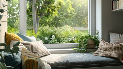 A cozy reading nook with a window seat and a view of a peaceful garden  raw AI generated illustration - obrazy, fototapety, plakaty