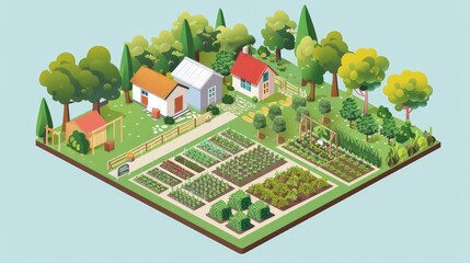 A depiction of a community garden with plots tended by volunteers AI generated illustration