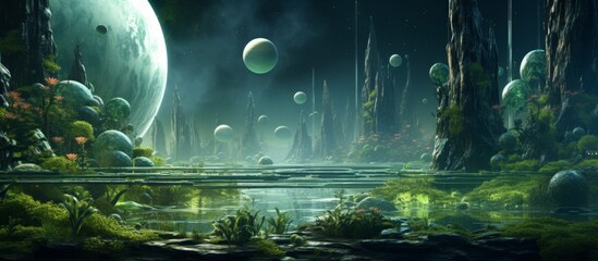 A Terrestrial plant painting set in a natural landscape of a swamp with water, grass, and a planet in the background. The moon shines in the darkness, creating a mysterious astronomical event - obrazy, fototapety, plakaty