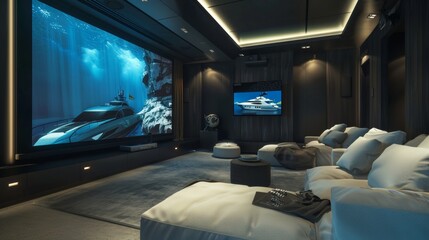 A luxurious home theater with comfortable seating and a huge projector screen  AI generated illustration - obrazy, fototapety, plakaty