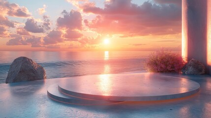 Empty product podium with golden spiral brushed metal elegant set against a sunset beach scene. Nature. Wall stage. Design concept. Creative concept. Podium concept. Illustration concept. 3D Concept.