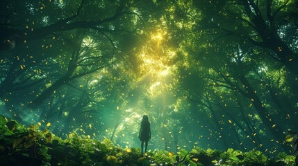 A person stands in the middle of a forest surrounded by the sound of rustling leaves and chirping birds. They seem to have found a sense of inner peace and harmony within - obrazy, fototapety, plakaty