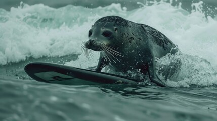 Surfing Seals Cinematic shots of seals riding waves or balancing on surfboards showcasing their natural affinity for ocean sports and adventure ar AI generated illustration