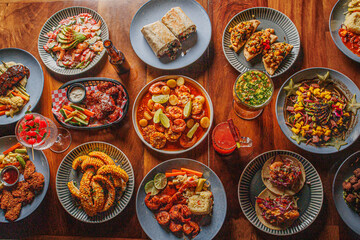mesa de comida con mariscos y camarones estilo mazatlan sinaloa