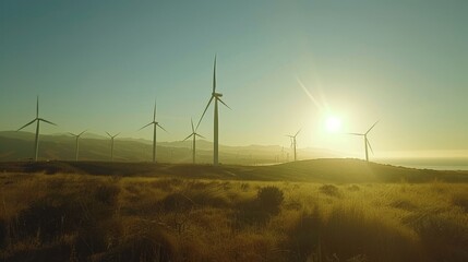 Wind Wonders Cinematic shots of wind turbines towering over rural landscapes symbolizing progress and innovation in the transition to clean energy -  AI generated illustration