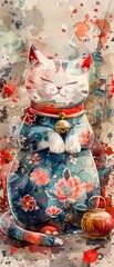 Vibrant watercolor Maneki Neko, lucky and playful cat figures, dancing colors of fortune , high resolution DSLR, 8K, high detailed, super detailed , ultra HD, 8K resolution , up32K HD