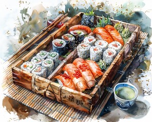 Sushi bento box on a picnic mat, lush watercolor style, leisurely lunch outdoors , high resolution DSLR, 8K, high detailed, super detailed , ultra HD, 8K resolution , up32K HD