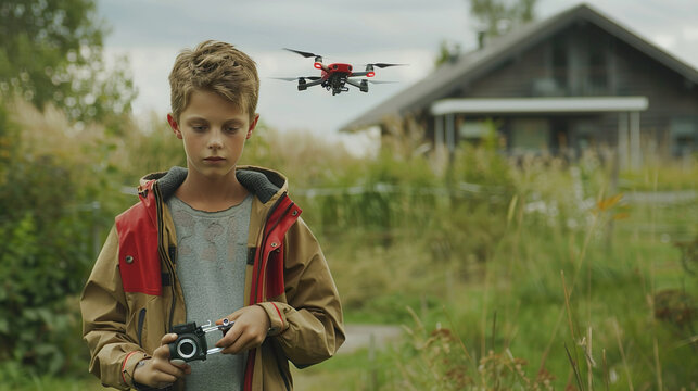 14-year-old boy practices flying a drone in the field According to the advice of modern trainers.