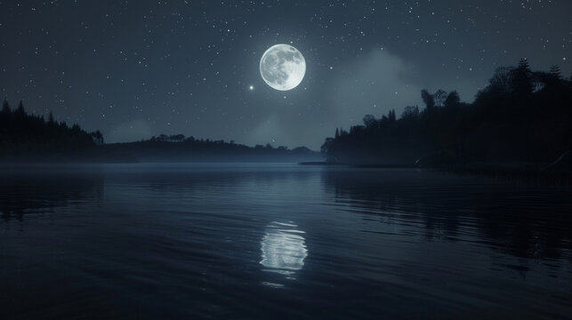 The dark night sky mirrored perfectly in the stillness of the lake as the moons light dances delicately upon its surface. . .