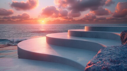 Empty product podium with golden spiral brushed metal elegant set against a sunset beach scene. Nature. Wall stage. Design concept. Creative concept. Podium concept. Illustration concept. 3D Concept. - obrazy, fototapety, plakaty