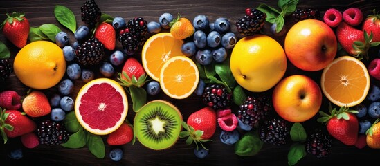 The table is filled with a variety of natural foods such as fruits and berries. These whole foods are packed with nutrients and are great ingredients for any cuisine - obrazy, fototapety, plakaty