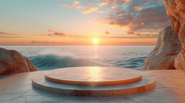Empty product podium with golden spiral brushed metal elegant set against a sunset beach scene. Nature. Wall stage. Design concept. Creative concept. Podium concept. Illustration concept. 3D Concept.