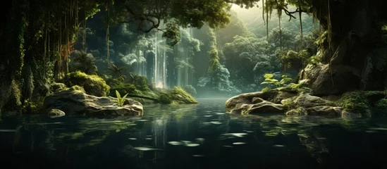 Foto op Aluminium A serene river flowing through a lush forest, with a majestic waterfall cascading in the background, surrounded by terrestrial plants and trees © AkuAku