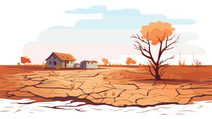 Flat vector scene of drought. Small living house dr - obrazy, fototapety, plakaty