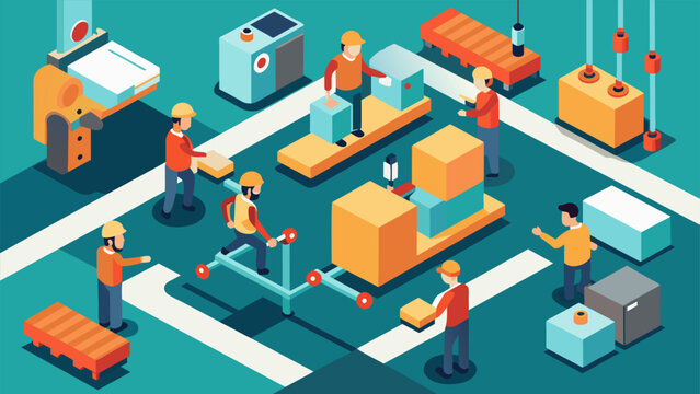 An overhead shot of workers on the factory floor carefully retooling machinery and rearranging equipment to optimize efficiency as