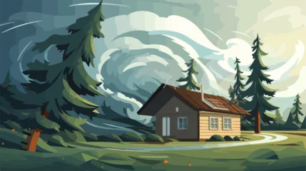 Foto op Canvas Flat vector scene with house and fir trees blowing © iclute
