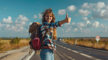 Fototapeta premium Beautiful young woman backpacker hitchhiking with thumbs up on the side of the road during her vacation trip Enjoy summer freedom.